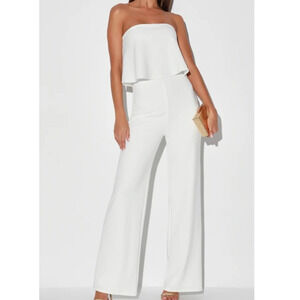 LULU'S  M White What Lovers Do Strapless Straight Neck Wide-Leg Jumpsuit NEW B77